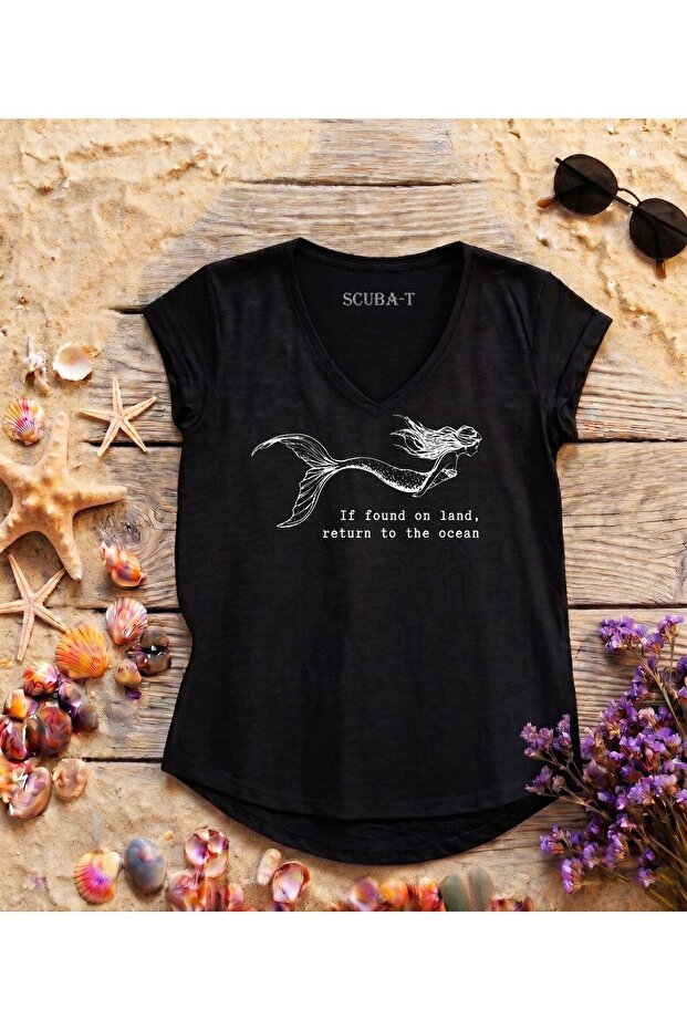 Mermaid Printed Black V-Neck Flared Cotton T-Shirt