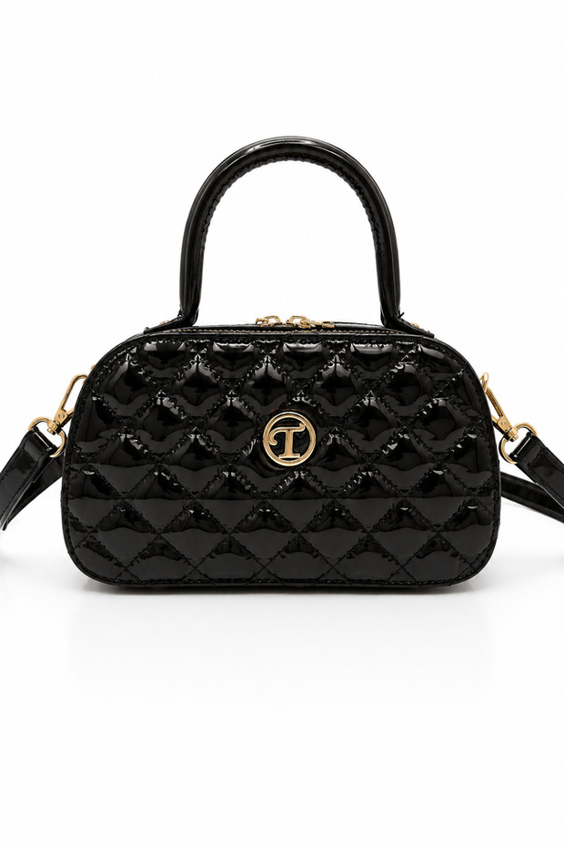 Quilted Patent Leather Hand and Shoulder Bag Black