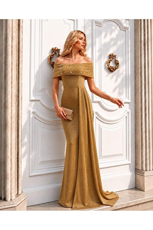 Gold Off-Shoulder Long Evening Dress Flowres Fabric 583405
