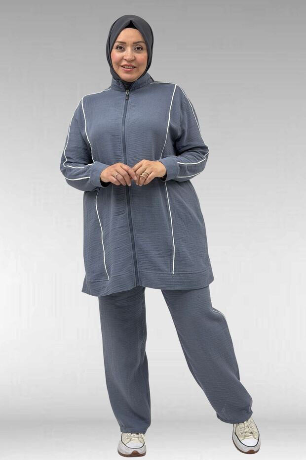 67011 Large Size Ribbed Muslin Trouser Suit - Anthracite