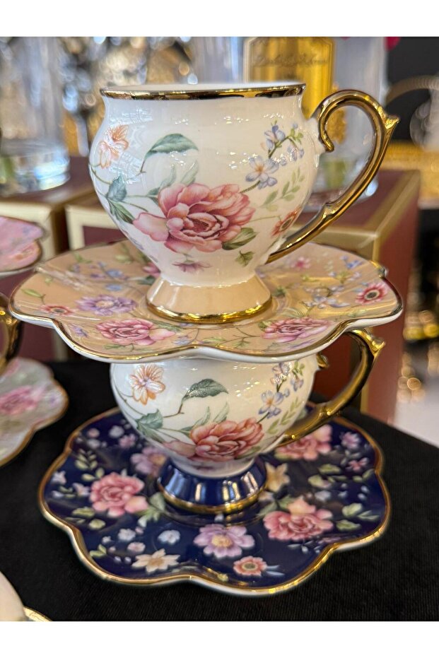 Modern Stylish Design for 6 People First Class Porcelain Flowered Coffee Cup Set 90 ml