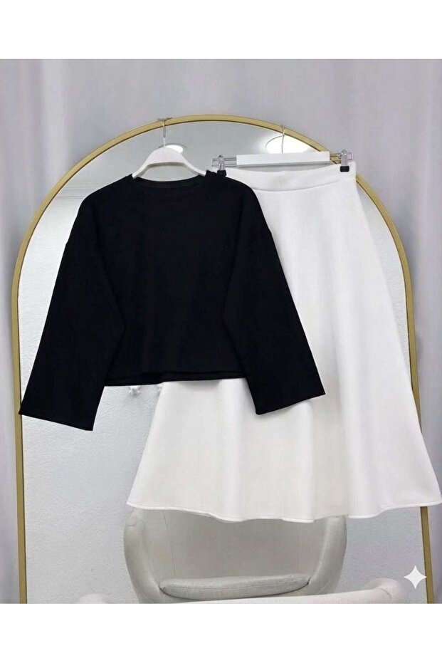 Basic Blouse Flared Skirt Set Black