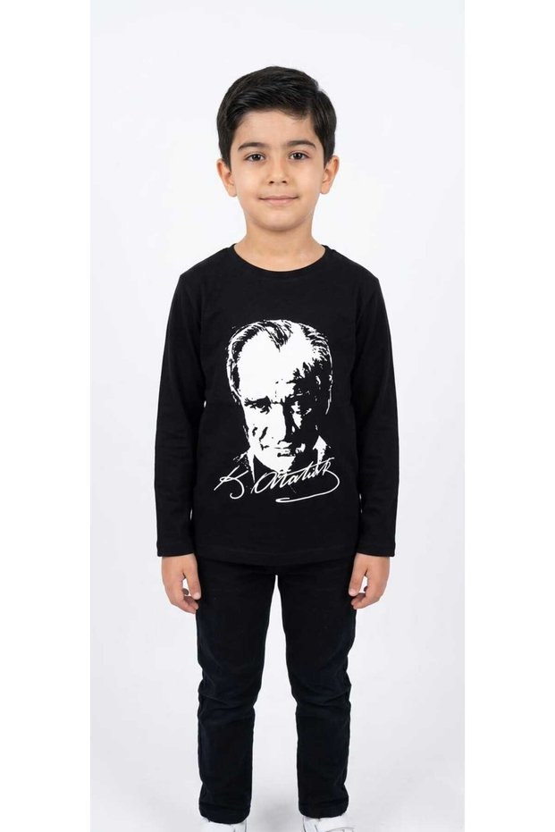 Girls and Boys Black Color Ataturk Printed Long Sleeved Combed Cotton T-Shirt