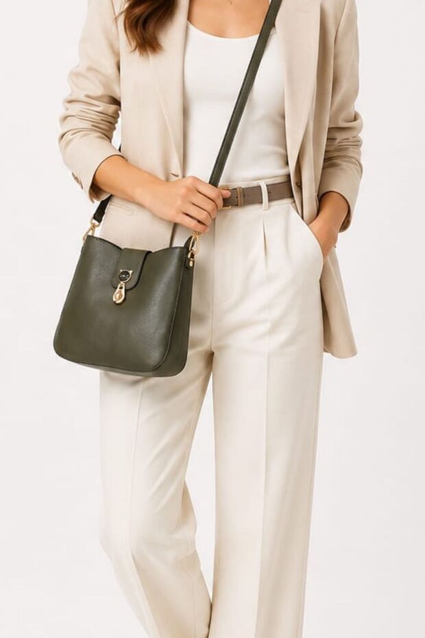 Women's Lock Closure Three Compartment Crossbody Shoulder Bag