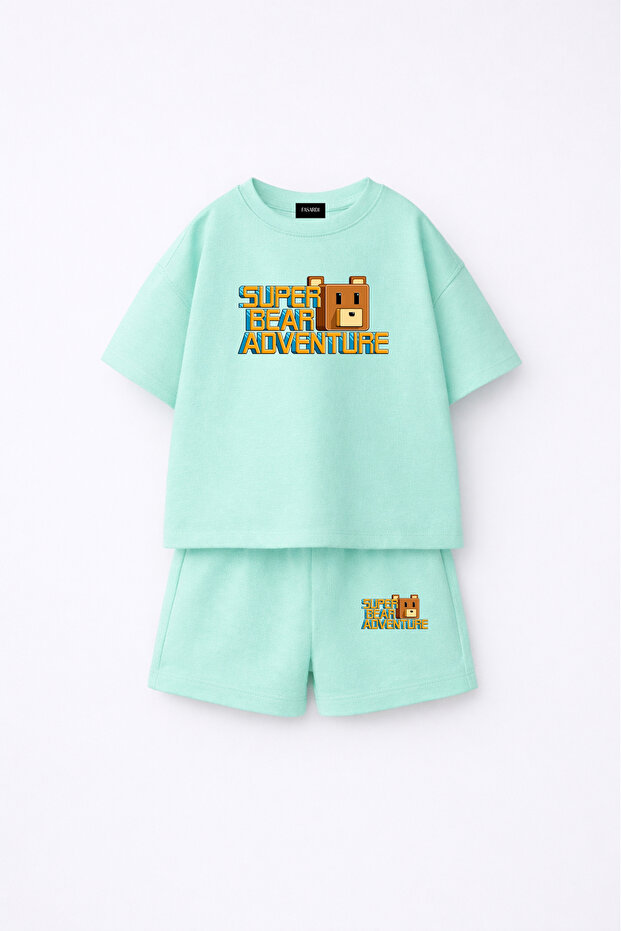 Super Bear Adventure Super Bear Printed Oversize 100% Cotton T-Shirt Shorts 2-Piece Children's Set
