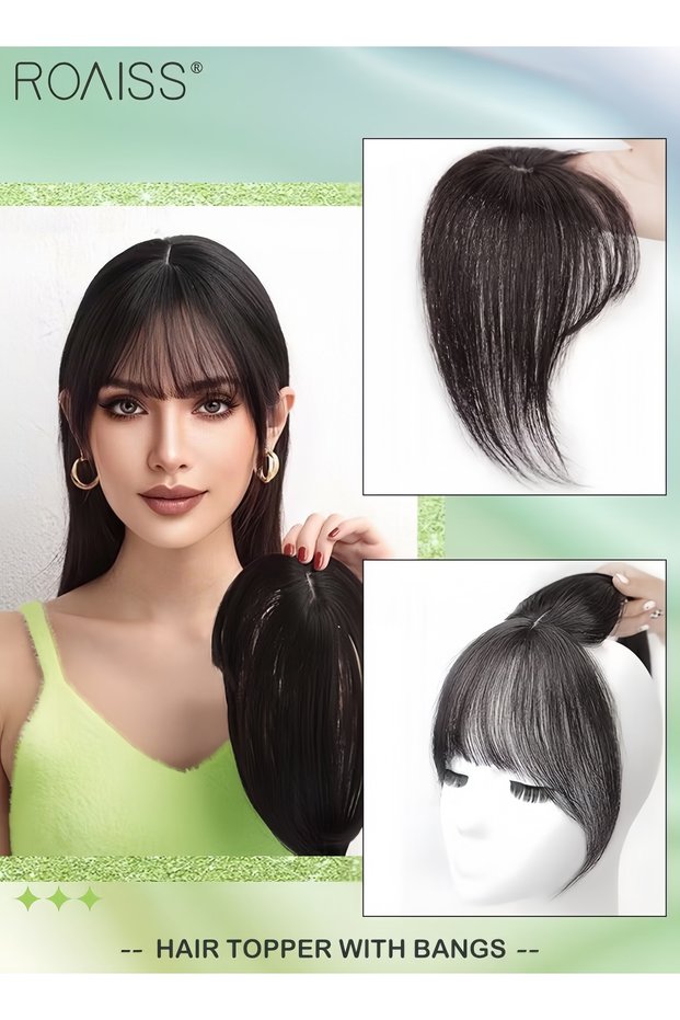 3D Hair Topper with Air Bangs French Style Clip in Hairpiece for Women Thinning Hair Hair Loss Cover Gray Hair (25cm,Brown Black)
