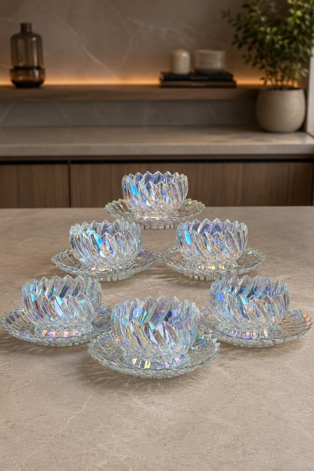 Crystal Series Glass Titanium Coated Plate Bowl Set 12 Pieces for 6 People Rice Pudding Snack Bowl Fruit Salad Bowl