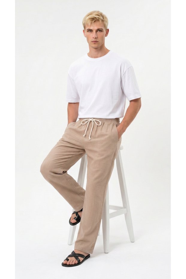 Men's Beige Linen Muslin Trousers Lightweight Fabric Comfortable Fit Baggy with Back Pockets