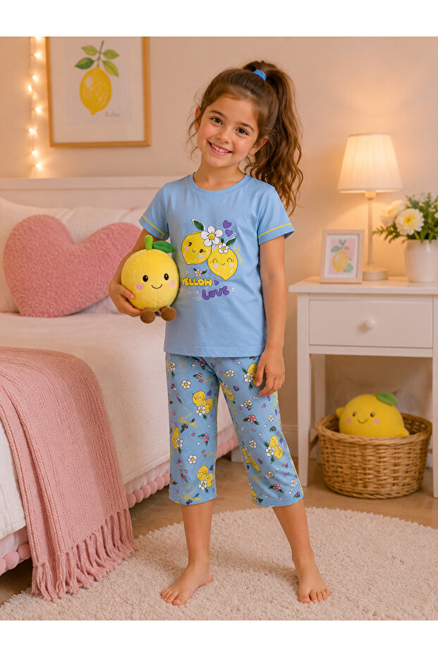 Girls' Lemon Patterned Pajama Set Short Sleeve Comfortable Sleepwear and Home Wear