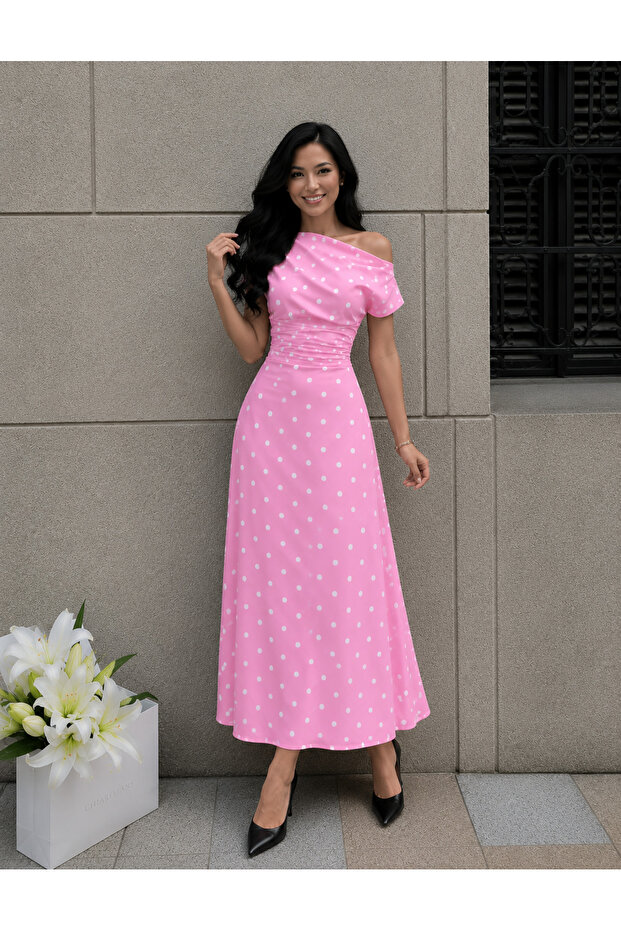 Polka Dot Boat Neck Draped Dress