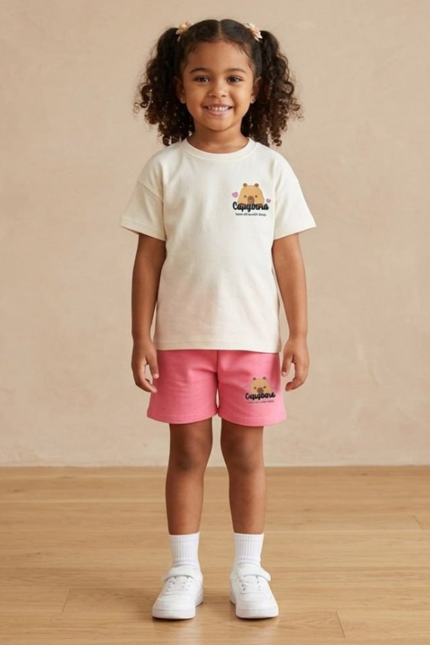 Girl's capybara print summer t-shirt and shorts set - ecru