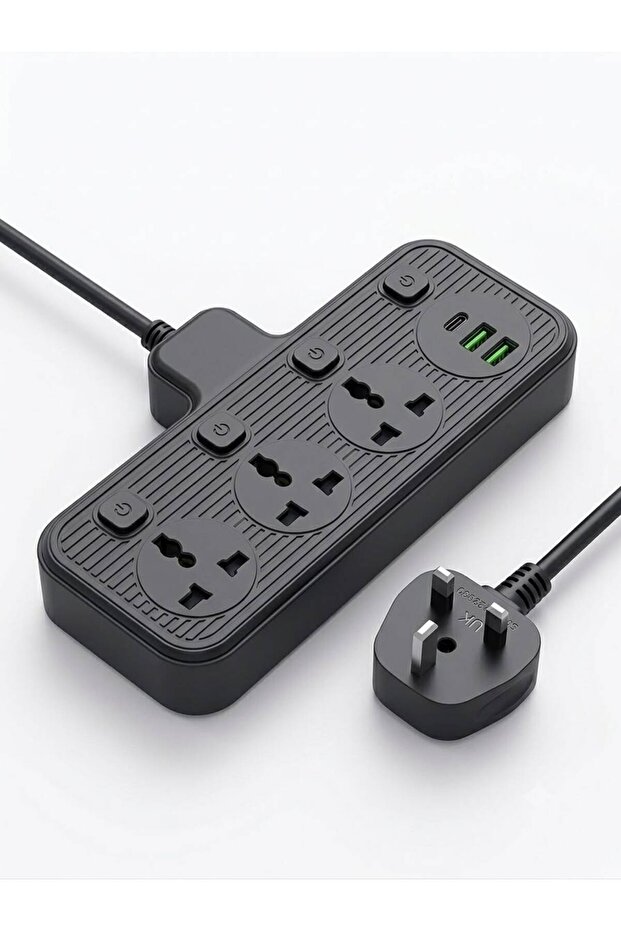 A22 Power Socket Extension Strip – 3 Universal Outlets + USB & Type-C Fast Charging (3000W)