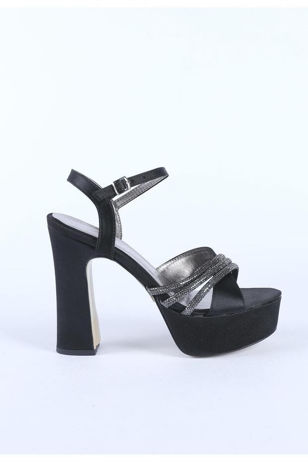 Women's Platform Heeled Cross-Strap Stone Detailed Evening Dress Shoes Black Satin