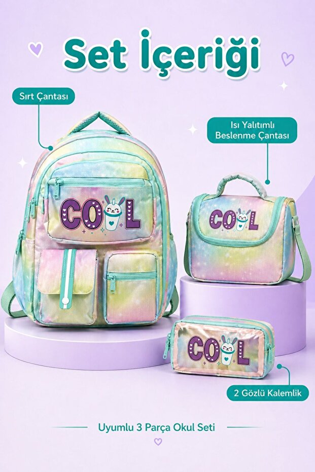 Galb Green Tr3 3-Piece School Bag Set Includes Insulated Lunch Box and Double Pencil Holder