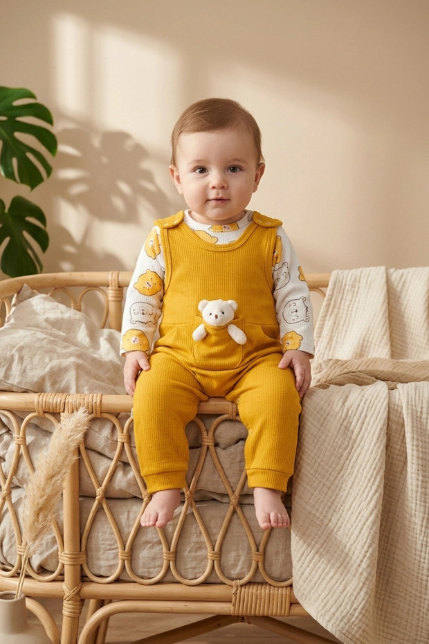 Nafitto Baby Sage Yellow Waffle Knit Teddy Bear Salopet and Patterned Bodysuit Set - Cotton Texture 3-9 Months