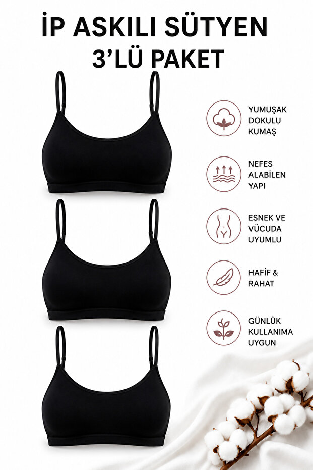 Women's Strap Padded Bra 3-Pack Cotton Flexible Comfortable Bralette Sports Bra