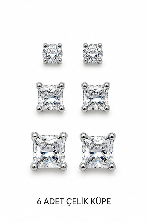 Women's White Color Steel Zircon Stone 3-Piece Solitaire Earring Set (6 Pieces)