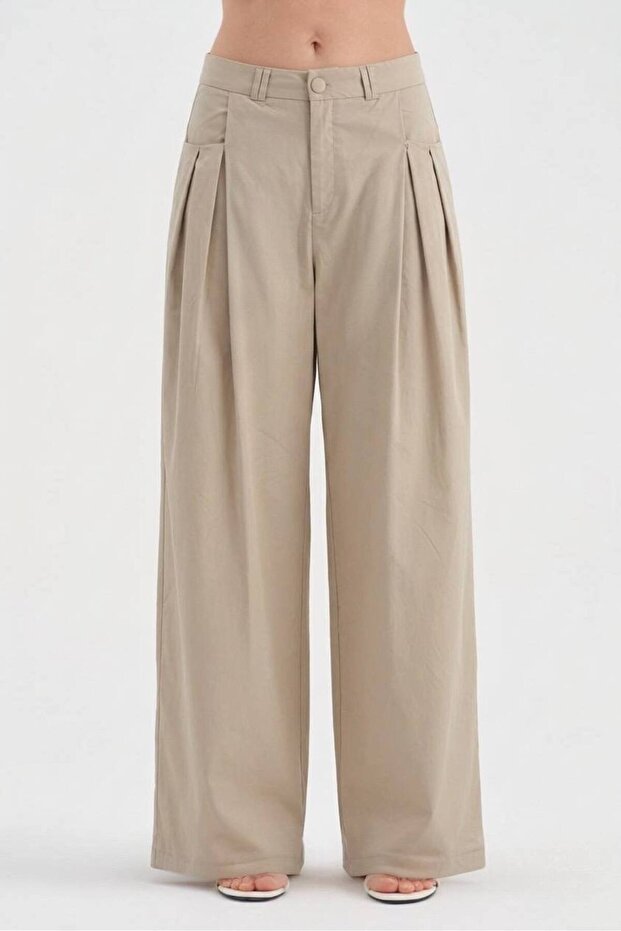 Women's Front Pleated Detailed Design Palazzo Trousers