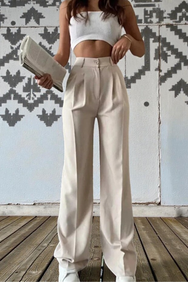 Cream Color Pleated Loose Fit Wide Leg Pants