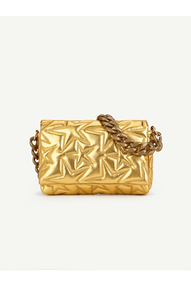 Silvery Gold Shk260 Star Embroidered Quilted Chain Strap Lined Women's Hand, Arm and Shoulder Bag