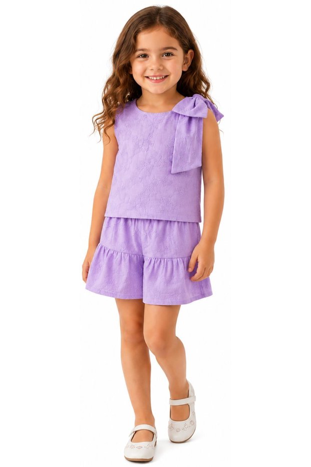 Girl's Floral Embroidered Shoulder Bow Detail Lilac Color Shorts Set