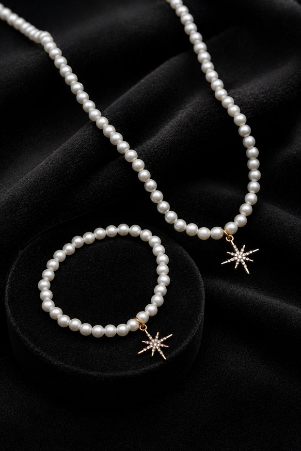 Pearl Necklace Bracelet Set Gold Pole Star Detailed Zircon Stone Jewelry Set