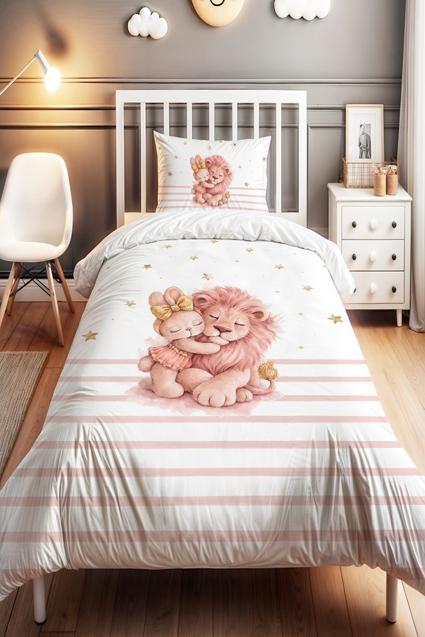 Lion and Rabbit Friendship Patterned Single Baby Kids Bedding Set