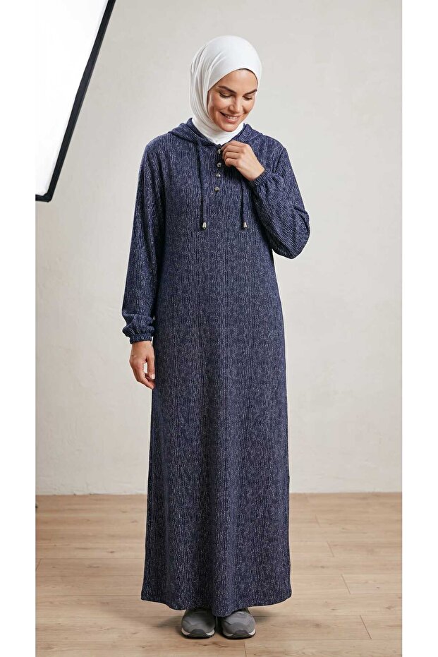 Women's Hakim Collar Dress with Buttons on the Front, Rope Detail on the Sleeves, Elasticized Sleeves, Patterned Dress