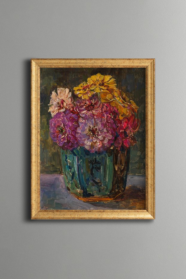 Colorful Flowers in Turquoise Vase - Vintage Patterned Frame - Thin Model