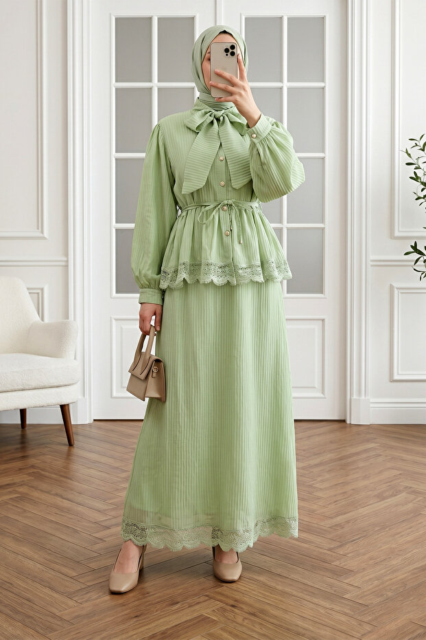 Lace-Up Detailed Skirt, Pleated Crepe Set - Light Green