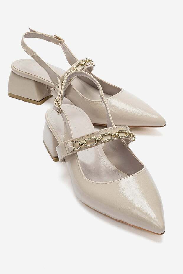 Stone-Embellished Heel-Covered Heeled Shoes Beige Yanki̇