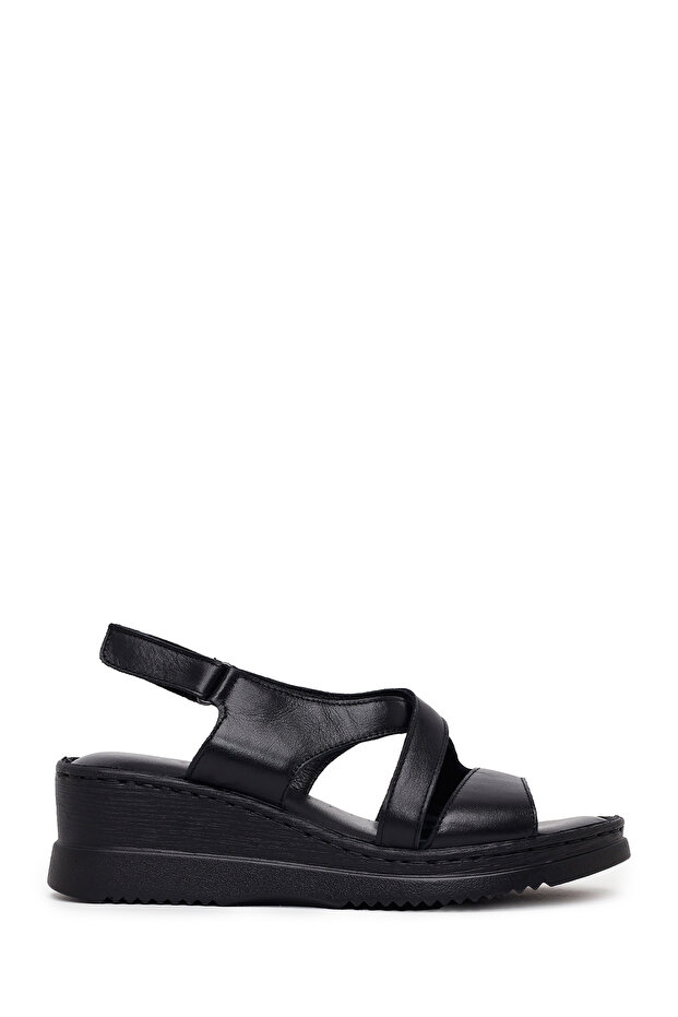 Women's Black Wedge Heeled Leather Comfort Sandals 26Sfd321818