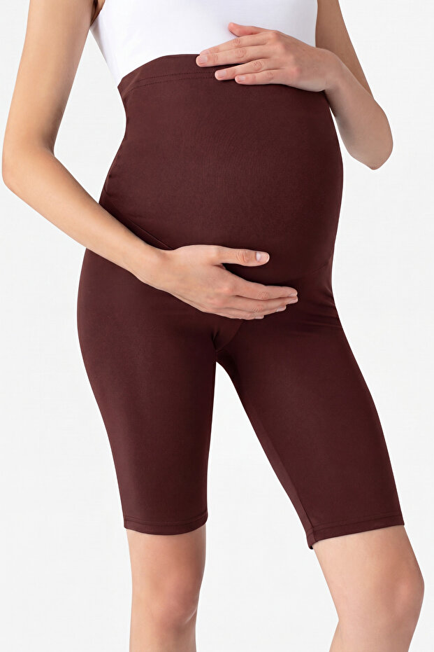 Above Knee Biker Flexible Adjustable Waist Short Maternity Leggings Brown