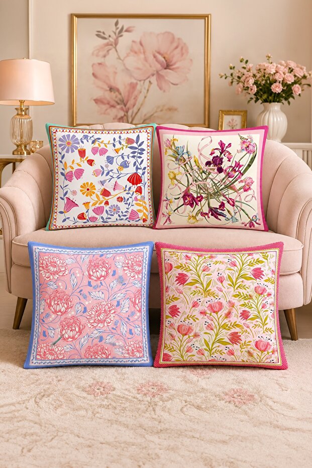 Pink Life Tones Patterned 4-Piece Throw Pillow Cover Set