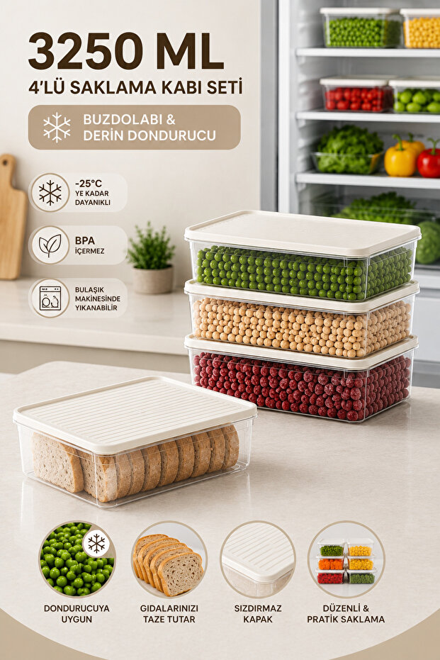 Set of 4 3250 ml Refrigerator & Freezer Storage Containers with Lids Transparent Food Organizer