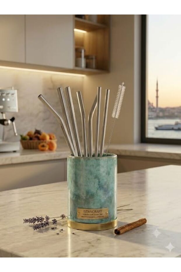 7-Piece Stainless Steel Metal Straws Set - 3 Straight, 3 Angled Straws + Cleaning Brush