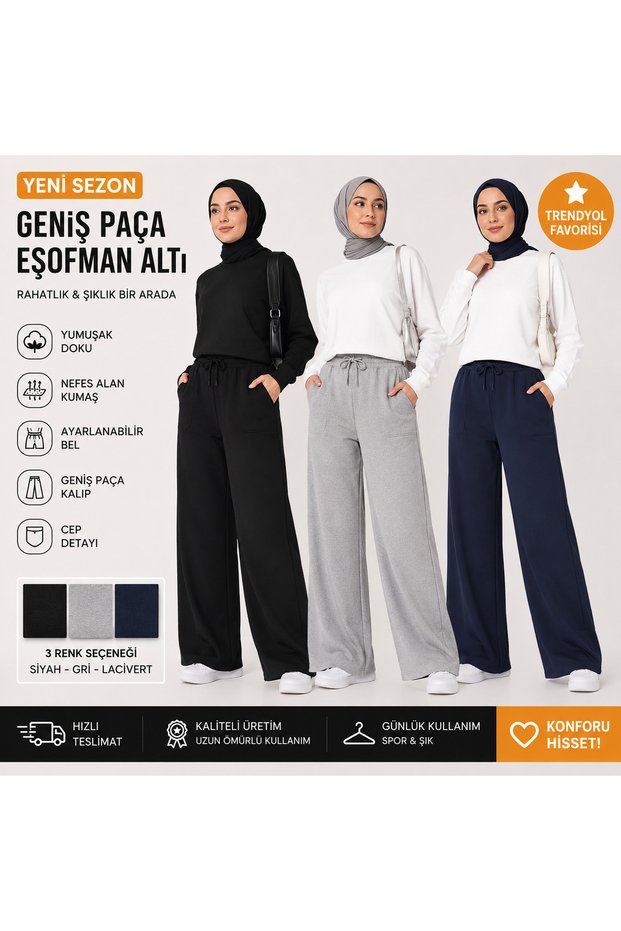 3 (Pieces) Women's Black Gray Navy Blue Wide Leg Sweatpants - High Waist
