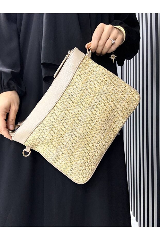 Wicker Handbag and Portfolio Clutch Bag with Long Strap, Suitable for Women's Tablet Use