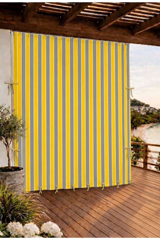 Sari Gri̇-Balcony Curtain with Enxboy Option and Laces, Rainproof