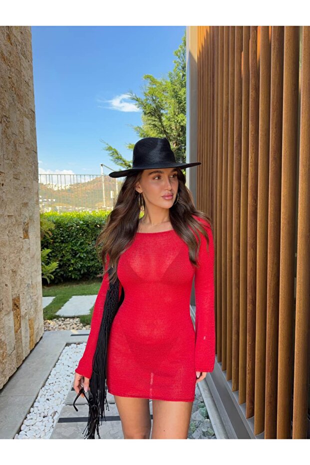Kayik Yakali Tri̇ko Dress Red