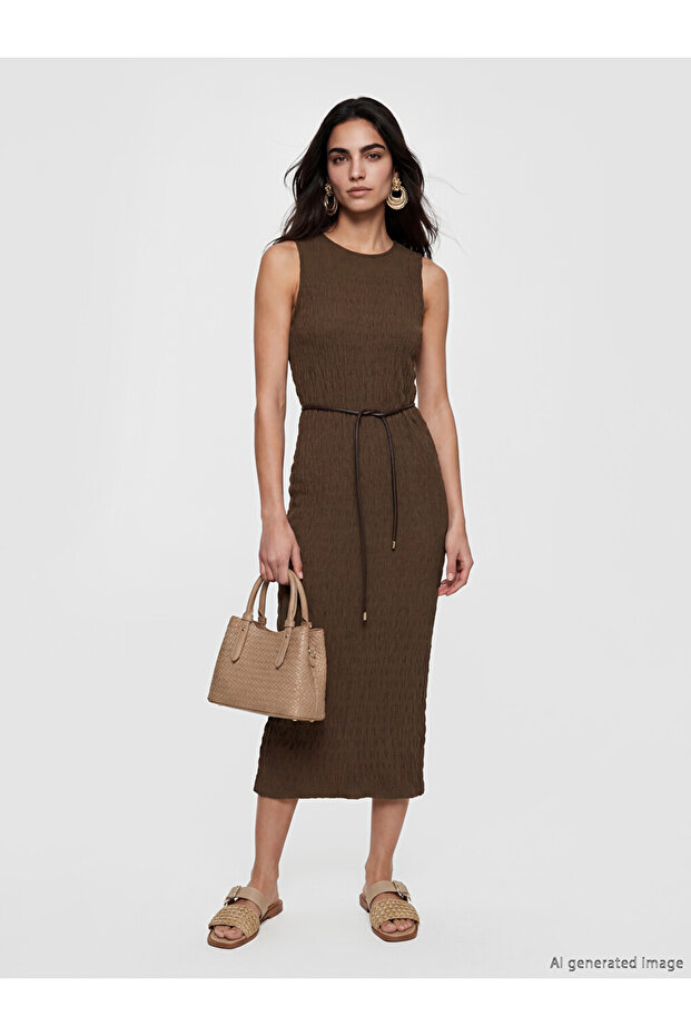 Crew Neck Belted Textured Dress