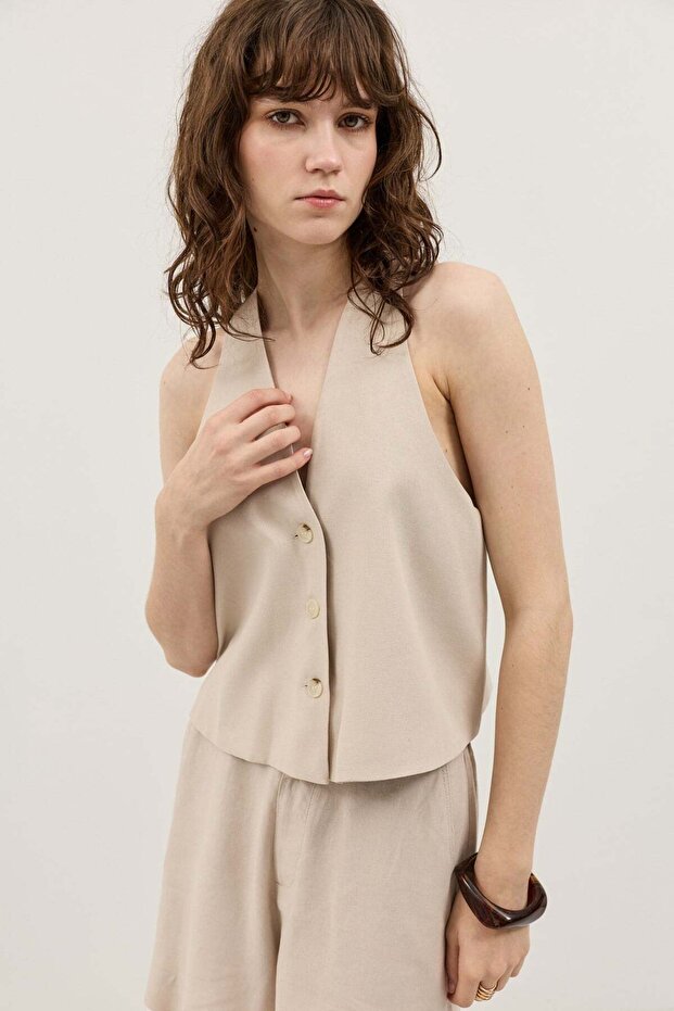 Beige Linen Blend Women's Vest