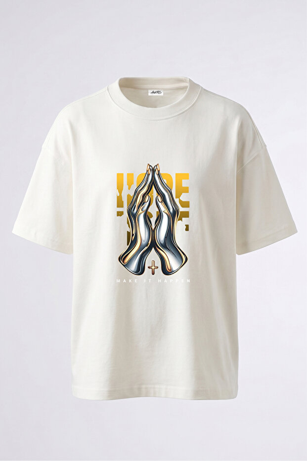 Praying Hands Hope Design Back Printed Cotton White Oversize T-Shirt