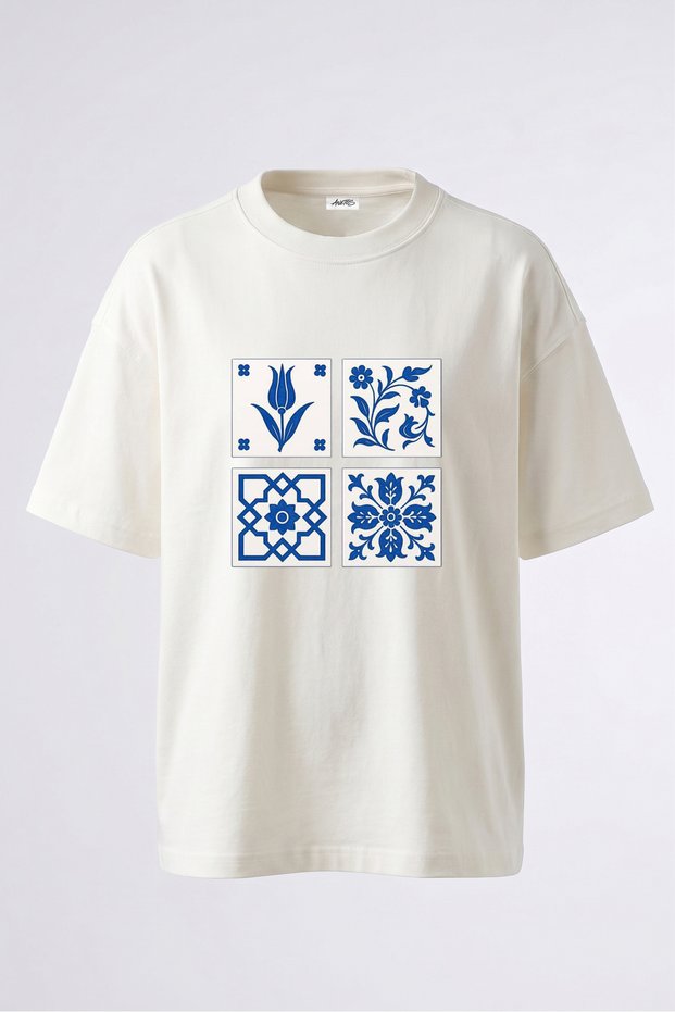 Iznik Pattern Design Back Printed Cotton White Oversize T-Shirt