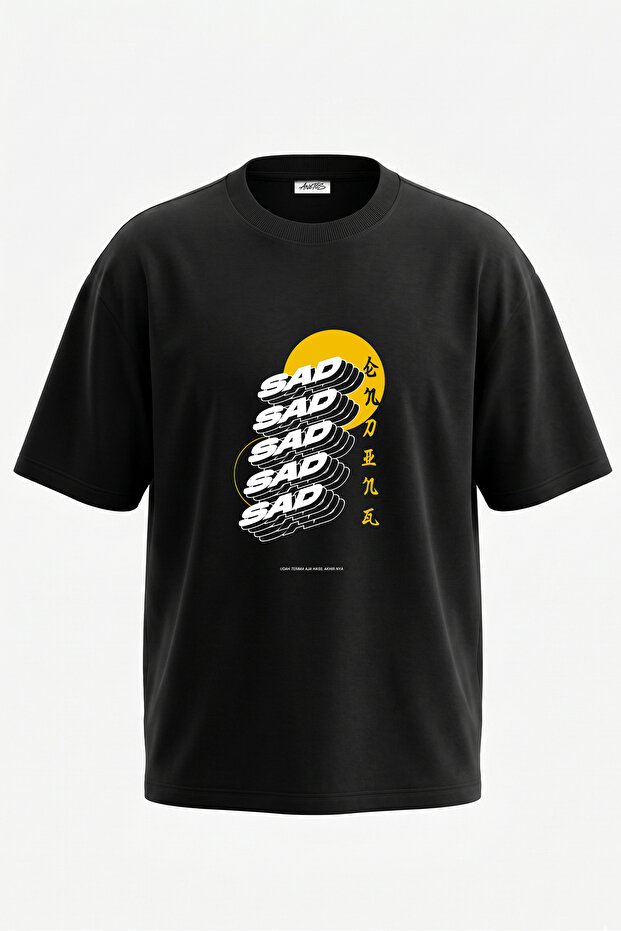 Sad Wavy Text Design Back Printed Cotton Black Oversize T-Shirt