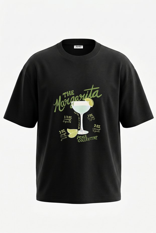 Margarita Cocktail Design Back Printed Cotton Black Oversize T-Shirt