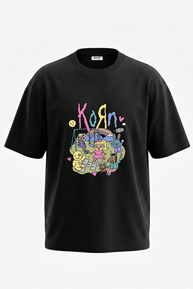 Korn Design Back Printed Cotton Black Oversize T-Shirt
