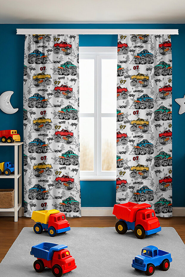 Strong Trucks Patterned Children's Baby Room Background Curtain (Single Wing Pricing)