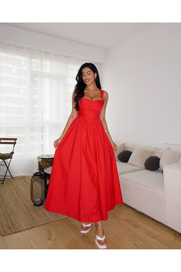 Women's Red Front and Back Tie-Up Midi Dress
