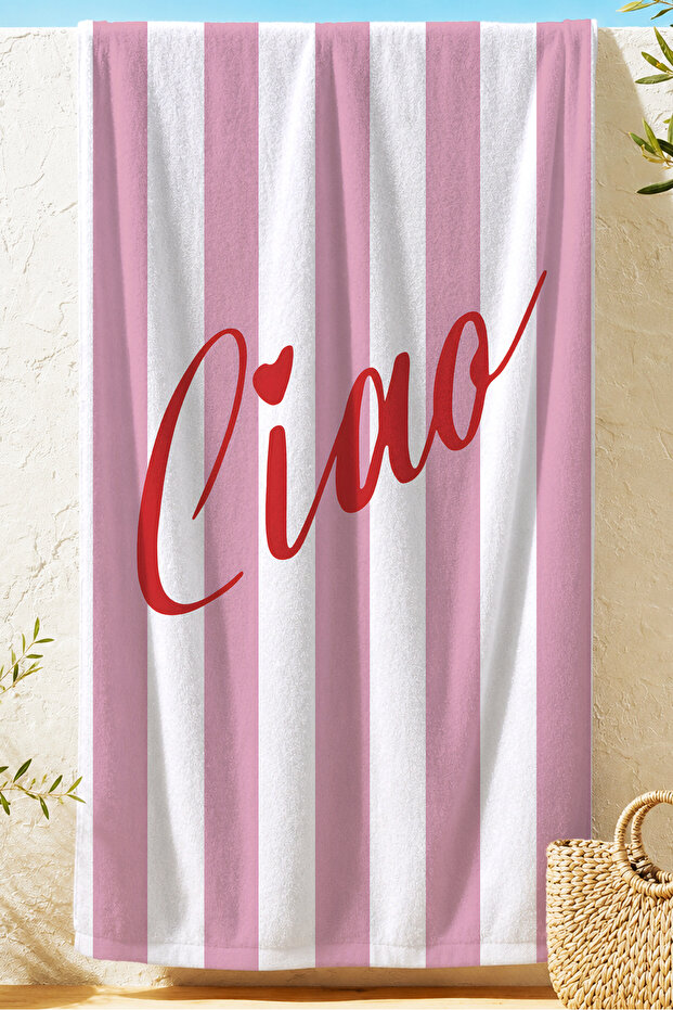 Pink Striped Ciao Written Beach Towel - Modern Marine Style Pool Sea Bath Beach Cover